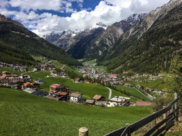 Looking at the town of Sölden from the lower slopes of the ski resort.